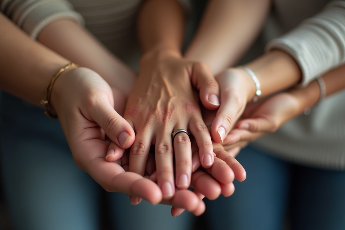 Mains de personnes diverses avec soutien et espoir