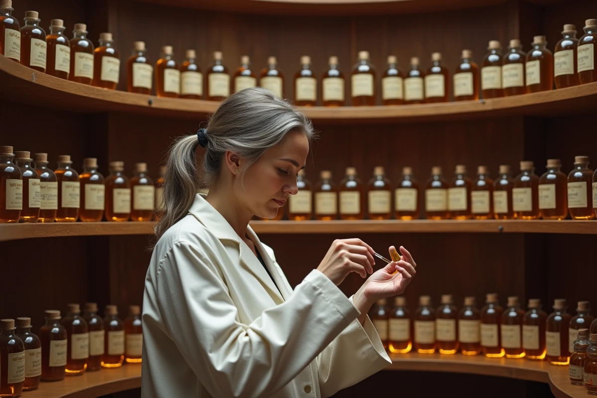 Maître parfumeur femme travaillant dans un orgue à parfums traditionnel en bois, entourée de centaines de flacons d'essences rares étiquetés