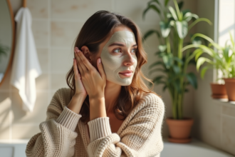 Jeune femme appliquant un masque capillaire naturel dans une salle de bain lumineuse