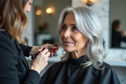 Femme aux cheveux gris-blanc recevant des mèches balayage dans un salon de coiffure moderne