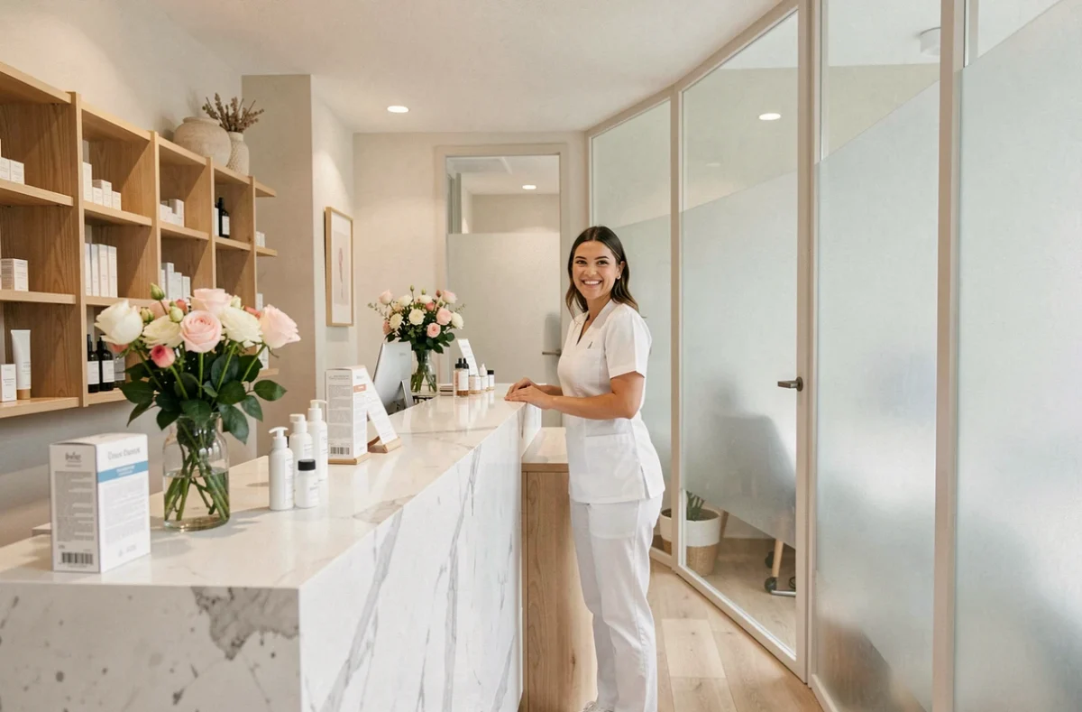 Intérieur accueillant d'un institut de beauté en Ille-et-Vilaine avec une esthéticienne souriante à la réception