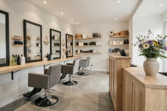 Vue d'ensemble d'un salon de coiffure moderne et élégant dans le Morbihan, avec des stations de coiffage épurées et une atmosphère chaleureuse