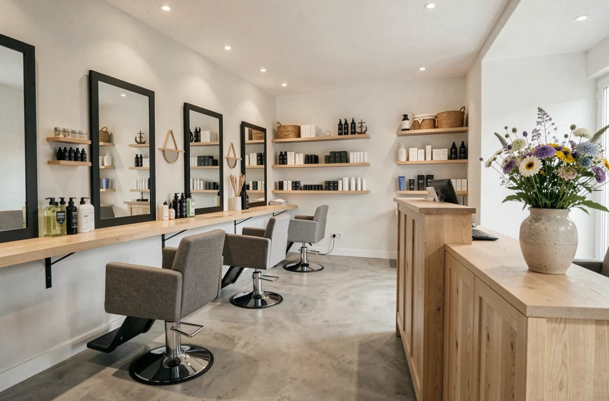 Vue d'ensemble d'un salon de coiffure moderne et élégant dans le Morbihan, avec des stations de coiffage épurées et une atmosphère chaleureuse
