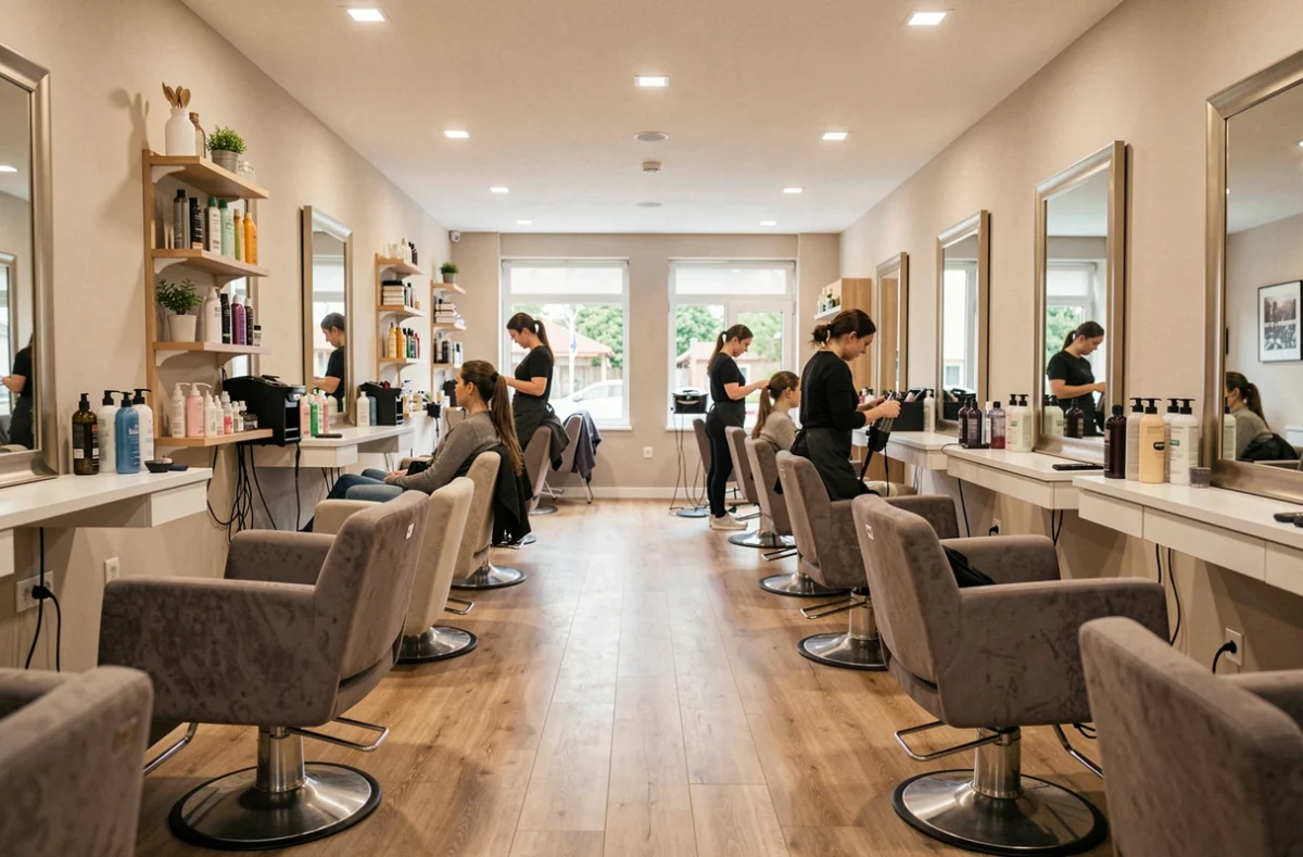 Vue d'ensemble d'un salon de coiffure moderne dans le Val-d'Oise avec plusieurs postes de coiffage et stylistes au travail