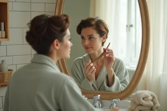 Femme aux cheveux fins courts en train de réaliser une mini vague à la maison devant un miroir de coiffeuse vintage