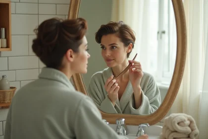 Femme aux cheveux fins courts en train de réaliser une mini vague à la maison devant un miroir de coiffeuse vintage