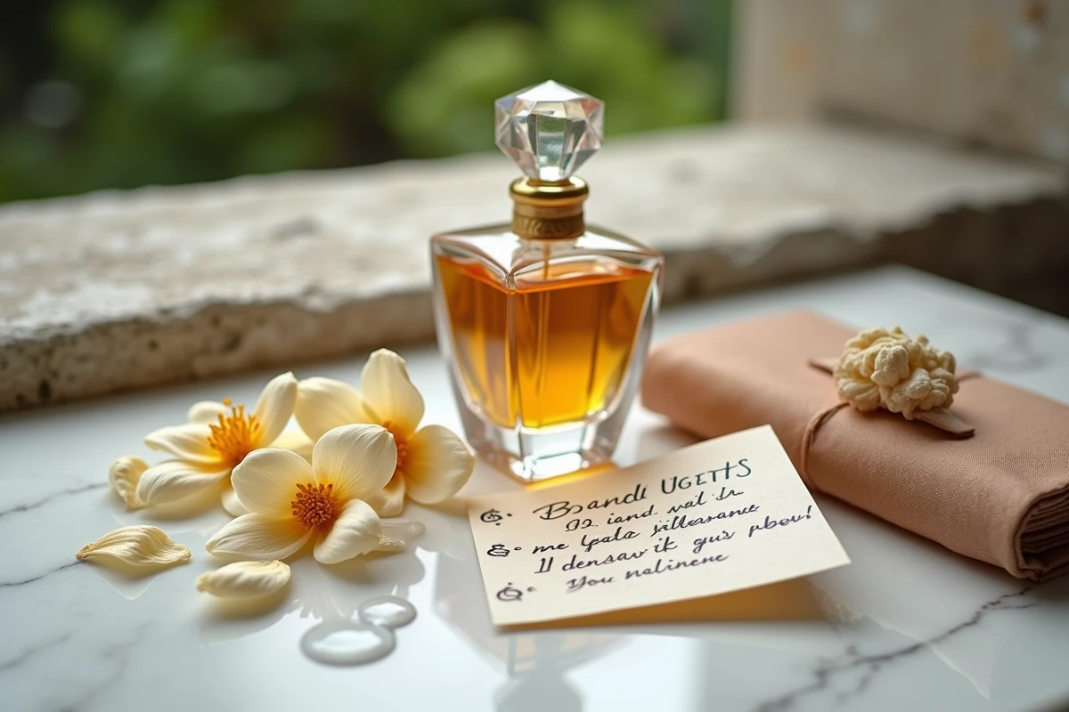 Nature morte olfactive avec flacon de parfum vintage, pétales de jasmin et résine d'ambre sur marbre