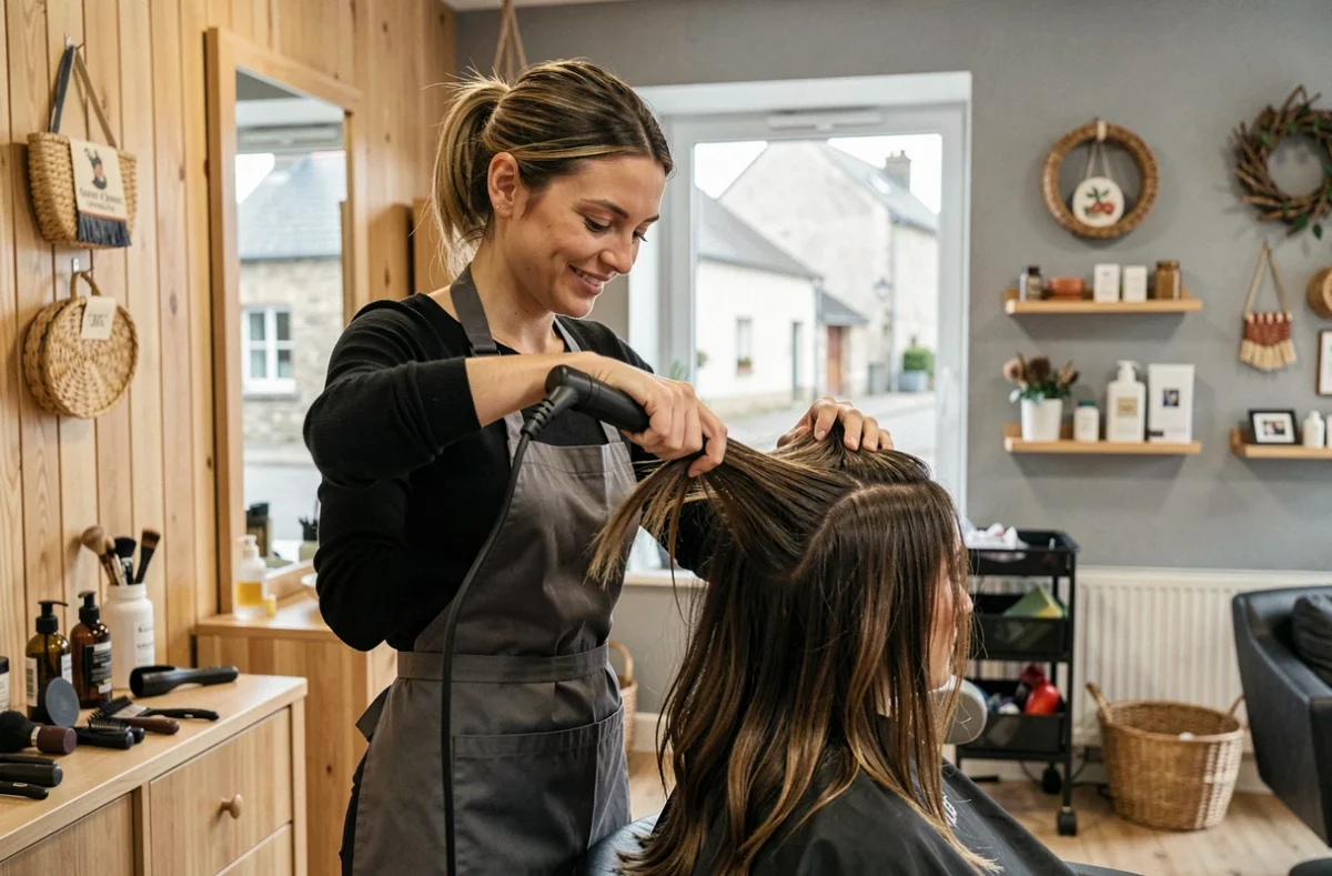 Coiffeuse réalisant un brushing dans le salon Novatitud à Kervignac, dans un intérieur chaleureux en bois clair et tons gris