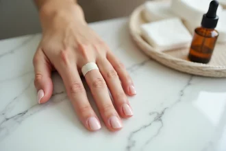 Ongle fendu verticalement protégé par un pansement adhésif et une réparation à l'enveloppe de soie sur fond de marbre blanc