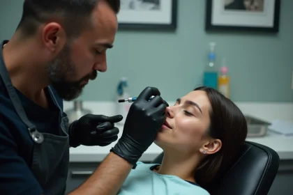 Perceur professionnel examinant un piercing au nez en cours de rejet sur une cliente dans un studio de perçage moderne