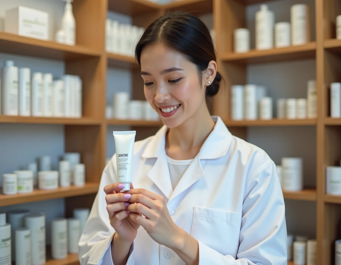Pharmacienne en blouse blanche examinant la crème réparatrice Halcare en pharmacie