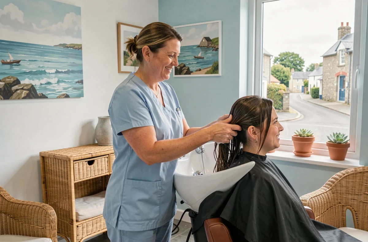 Coiffeuse effectuant un shampoing dans le salon Planet'Coiff à Arradon, avec un intérieur aux tons côtiers et une atmosphère détendue