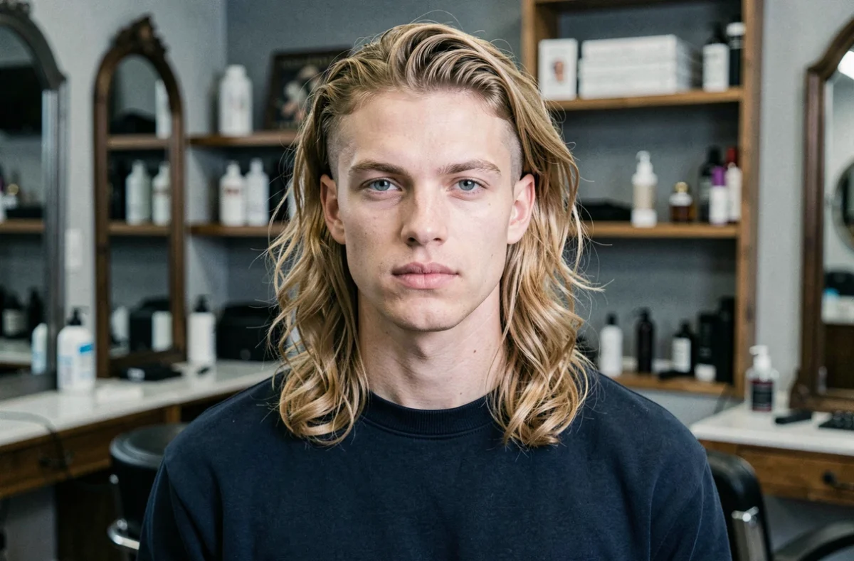 Portrait de face d'un jeune homme avec coupe cheveux longs dégradé bas réalisée en salon de coiffure