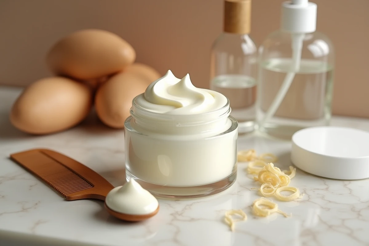 Pot de crème coiffante pour cheveux bouclés posé sur un plan de travail en marbre avec accessoires de coiffure naturels