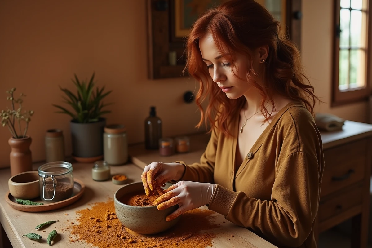 Femme préparant un mélange de henné naturel dans un bol en céramique pour une coloration capillaire maison