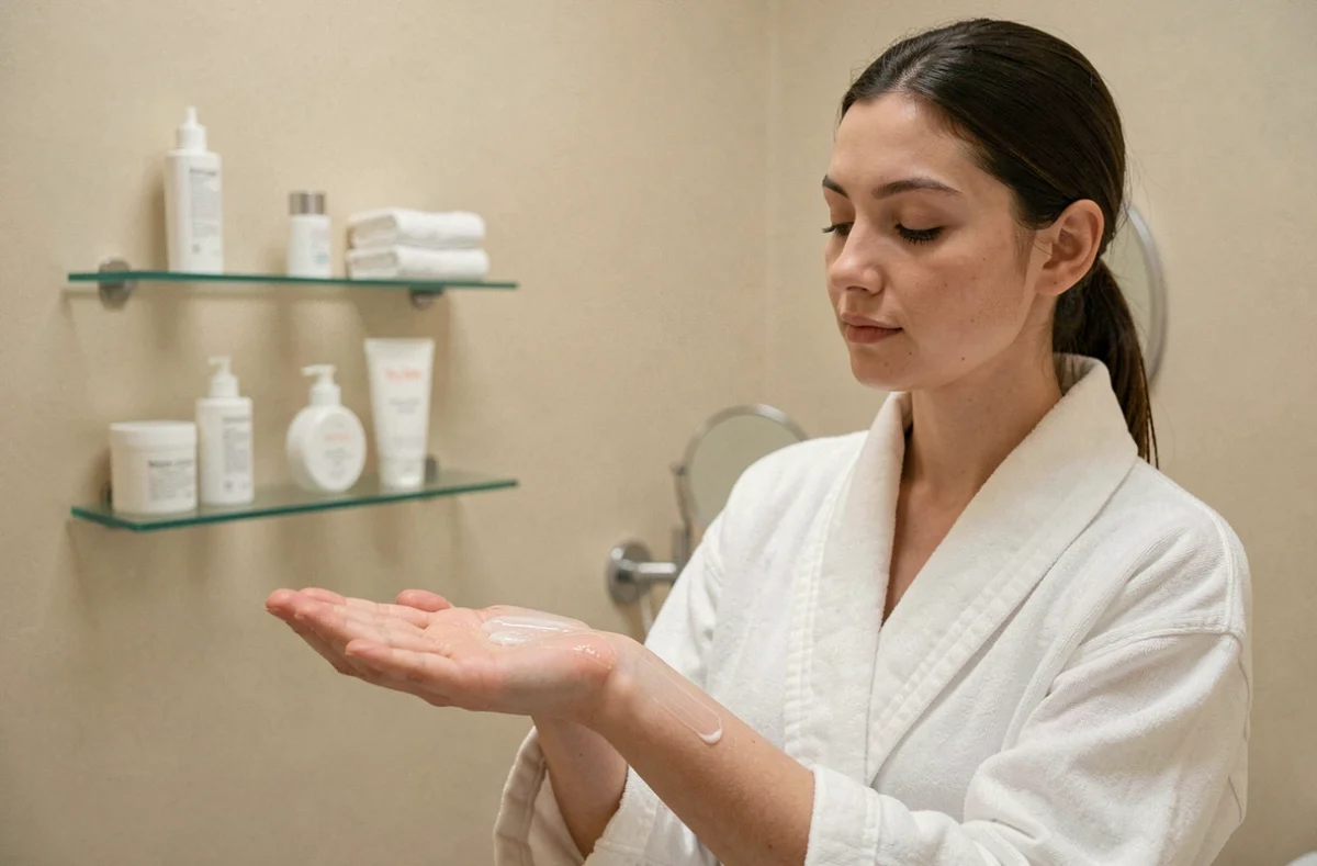 Femme appliquant une lotion hydratante sur la peau avant une séance UV dans un espace bien-être moderne