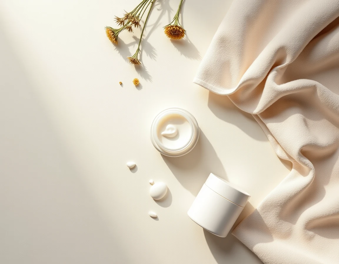 Présentation produit de soin Halcare sur fond lin beige avec accessoires naturels