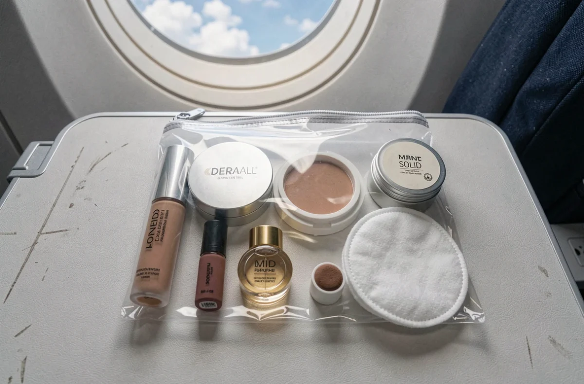 Flat lay de produits cosmétiques solides et formats compacts pour voyage en avion disposés sur une tablette d'avion