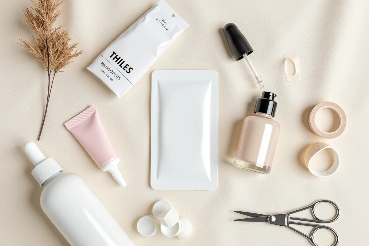 Flat lay des produits utiles pour soigner un ongle fendu verticalement incluant colle à ongles enveloppes de soie et sparadraps médicaux sur fond lin