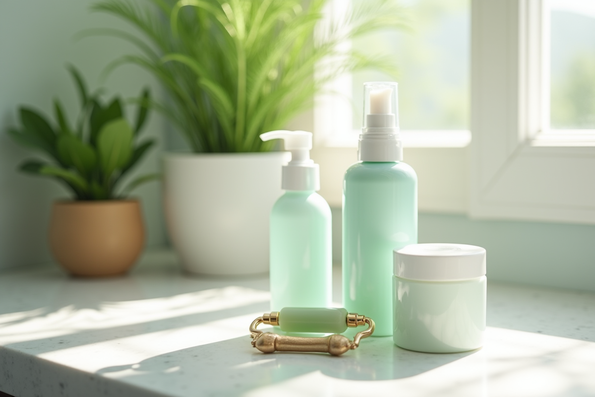 Produits de soin et rouleau de jade sur planche de bain