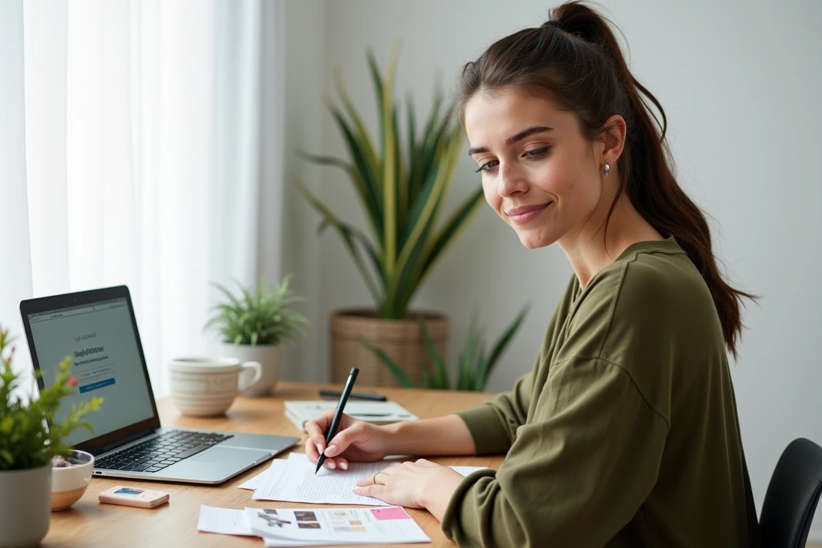 Femme remplissant un questionnaire de personnalisation pour sa box beauté mensuelle à son bureau à domicile