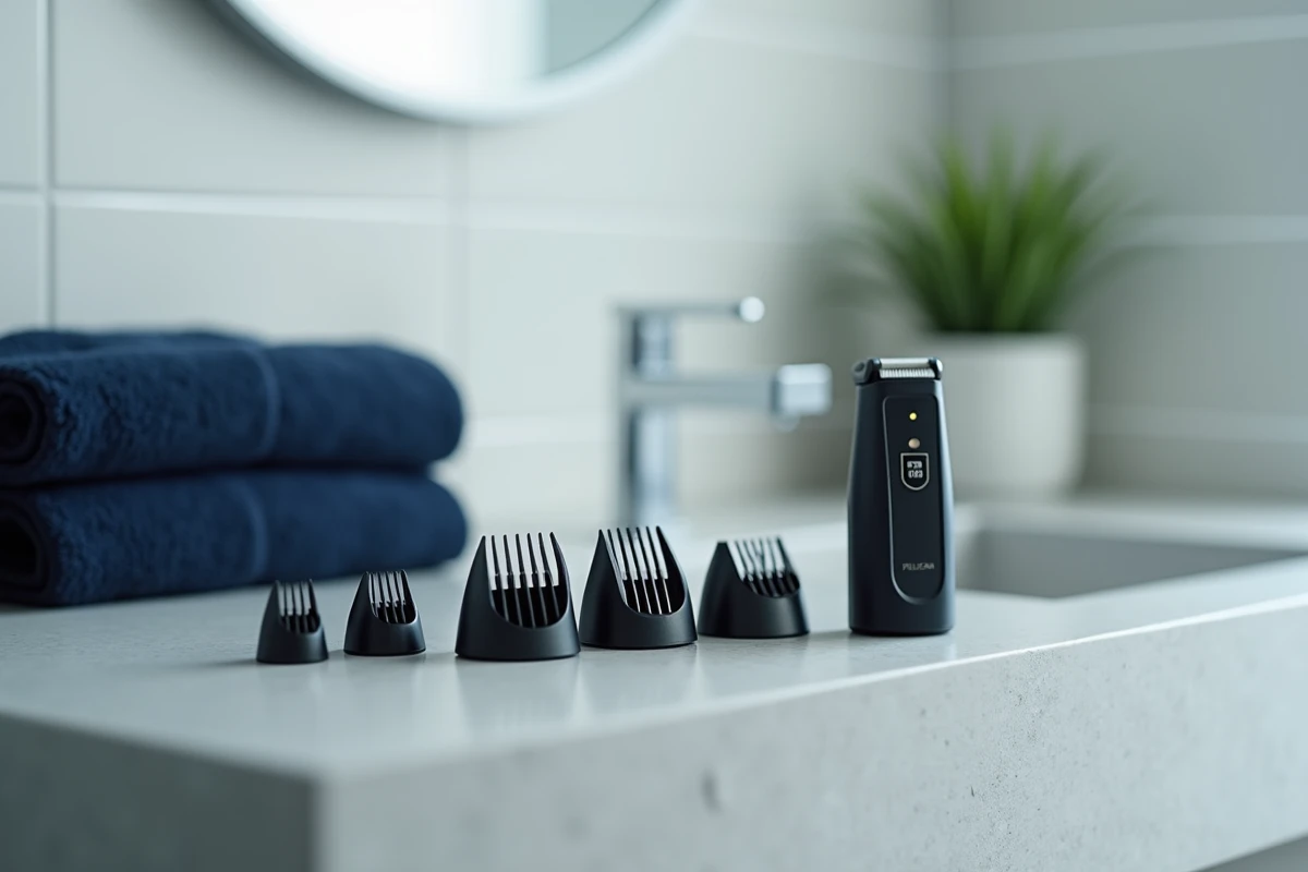 Rasoir électrique OneBlade avec accessoires interchangeables posés sur un plan de travail en béton