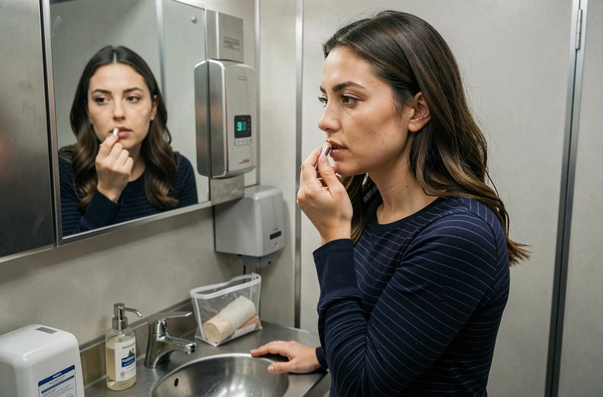 Femme se remaquillant avec un stick de fond de teint solide devant le miroir des toilettes d'un avion