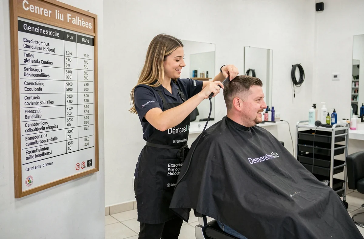 Salon de coiffure généraliste Saint Algue à Cergy avec tableau des tarifs affiché et coupe en cours