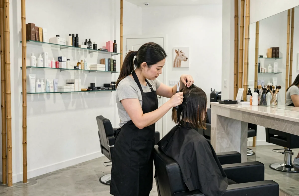 Coiffeuse au travail dans le salon Gao à Auray, avec un intérieur minimaliste aux accents asiatiques et une ambiance épurée