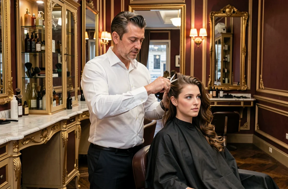 Coiffeur en train de couper les cheveux d'une cliente dans le salon Scotto di Cesare à Auray, ambiance française élégante et classique