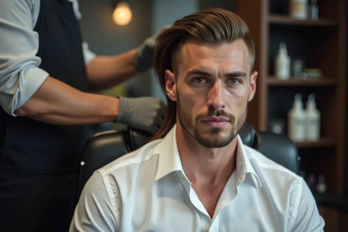 Séance de coupe mulet professionnelle en barbershop, styliste et client en pleine session de coiffure tendance