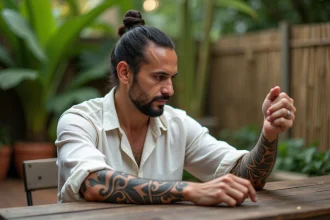 Homme polynésien contemplant son tatouage tribal traditionnel sur l'avant-bras, assis dans un jardin tropical, symbolisant l'identité culturelle et la signification des motifs ancestraux.