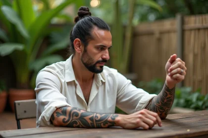 Homme polynésien contemplant son tatouage tribal traditionnel sur l'avant-bras, assis dans un jardin tropical, symbolisant l'identité culturelle et la signification des motifs ancestraux.