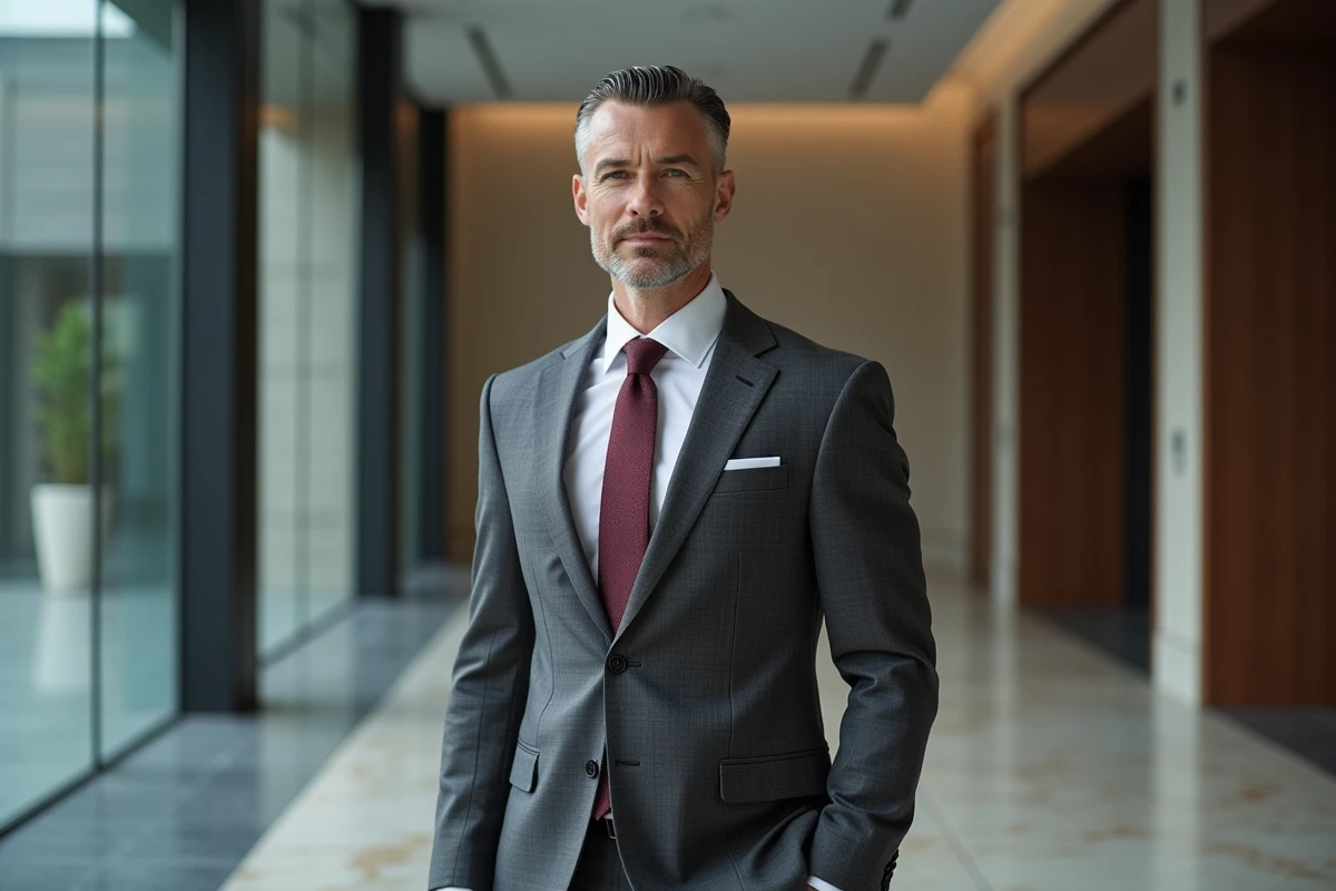 Homme d'affaires mature en costume gris avec une coupe slick back classique dans un hall moderne