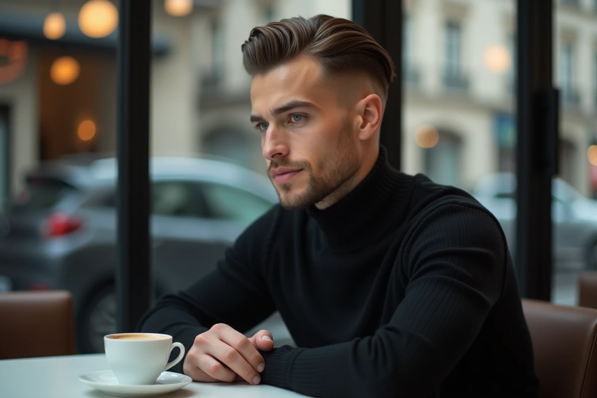 Jeune homme en col roulé noir avec une coupe slick back undercut dans un café parisien