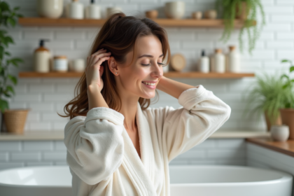 Femme appliquant un serum capillaire dans un bain relaxant