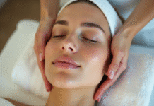 Femme recevant un massage facial au spa visage éclatant