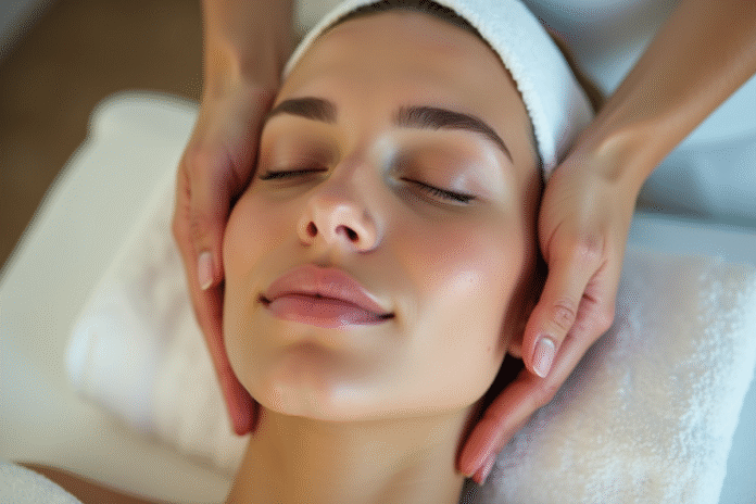Femme recevant un massage facial au spa visage éclatant