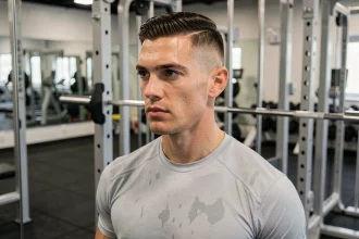 Homme avec une taper coupe sport bien entretenue après l'entraînement dans une salle de sport moderne