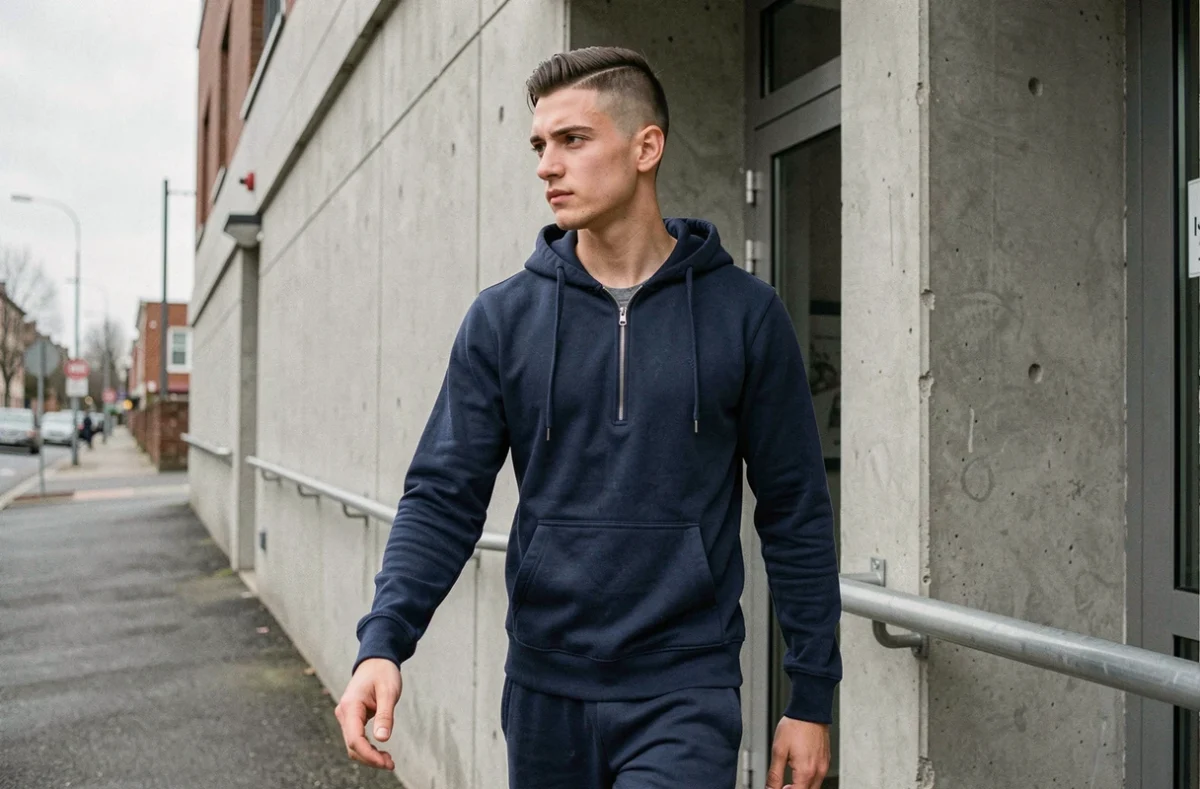 Jeune homme sportif arborant une taper coupe nette en sortant d'un centre sportif urbain