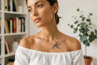 Jeune femme montrant son tatouage hirondelle sous la clavicule dans un appartement parisien épuré