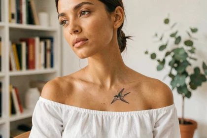 Jeune femme montrant son tatouage hirondelle sous la clavicule dans un appartement parisien épuré