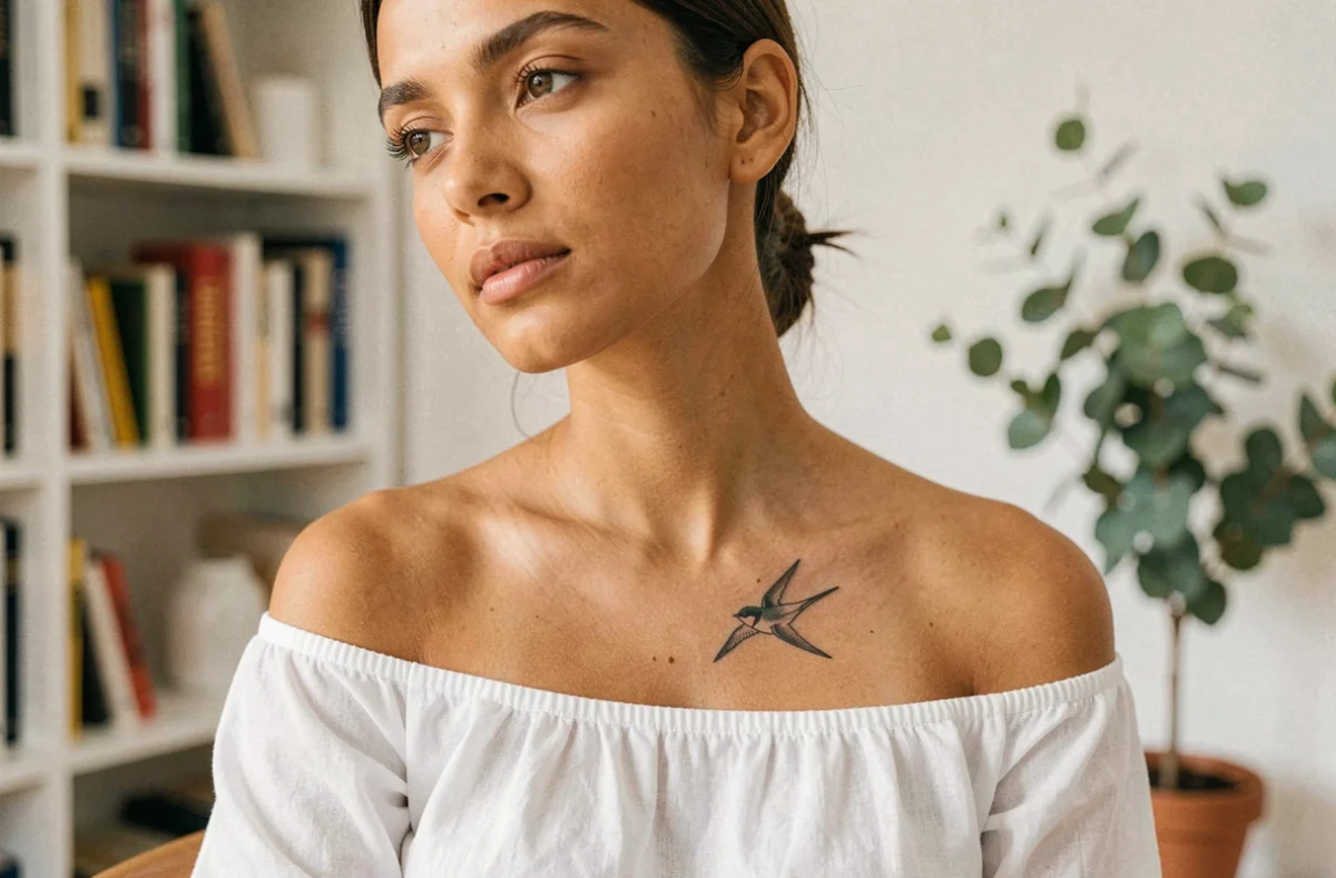 Jeune femme montrant son tatouage hirondelle sous la clavicule dans un appartement parisien épuré