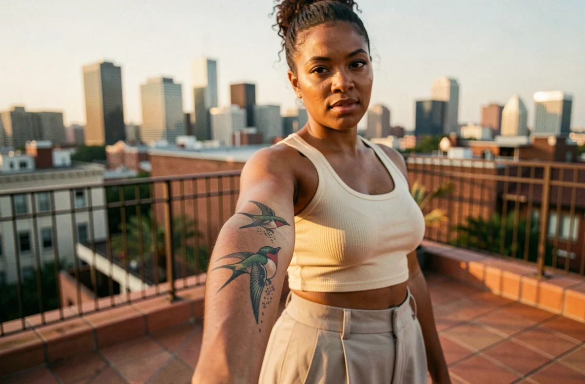 Femme brune montrant son tatouage hirondelle au poignet sur un rooftop urbain avec vue sur la ville