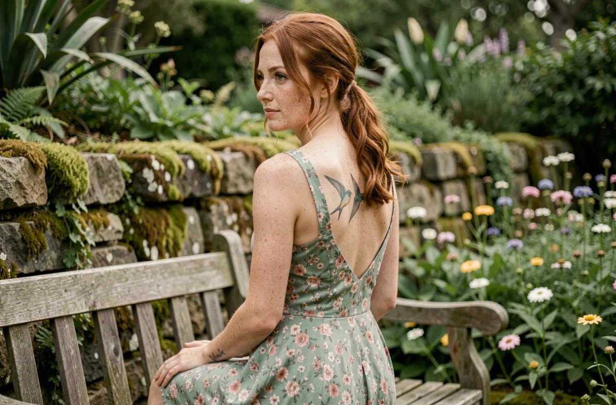 Femme aux taches de rousseur avec un tatouage hirondelles dans le dos dans un jardin botanique verdoyant