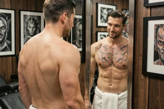 Homme torse nu dans un studio de tatouage montrant son tatouage pectoraux géométrique fraîchement réalisé, reflet dans un miroir mural