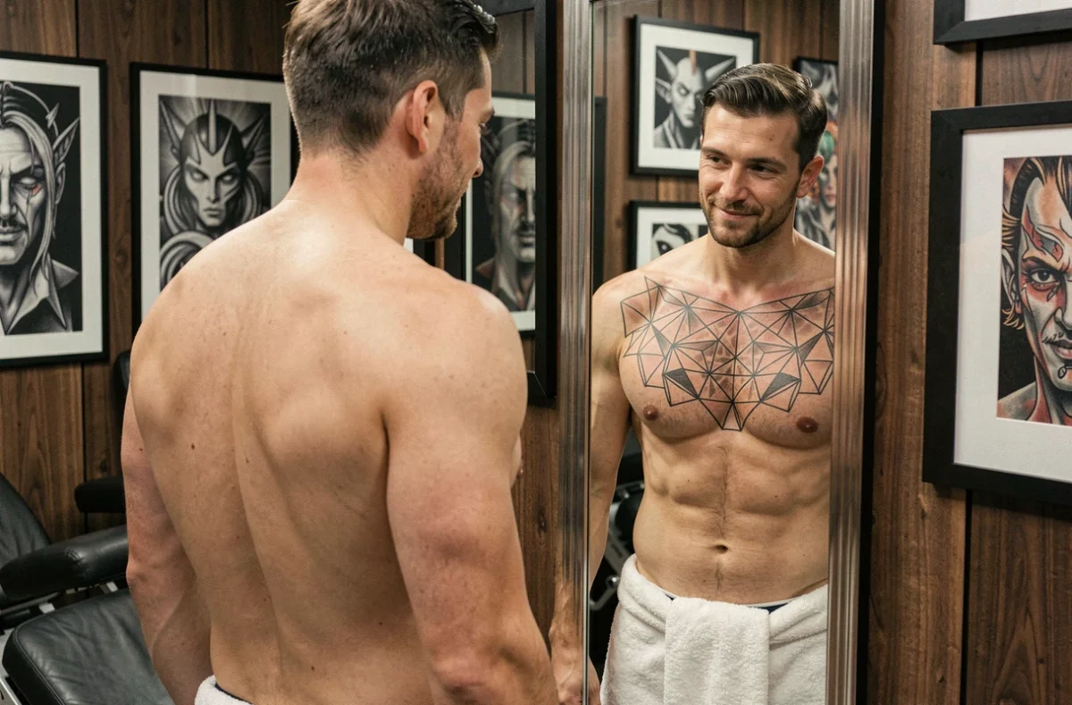 Homme torse nu dans un studio de tatouage montrant son tatouage pectoraux géométrique fraîchement réalisé, reflet dans un miroir mural