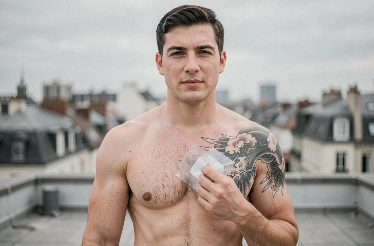 Homme torse nu sur une terrasse urbaine présentant son tatouage pectoraux japonais cicatrisé avec soin de guérison appliqué