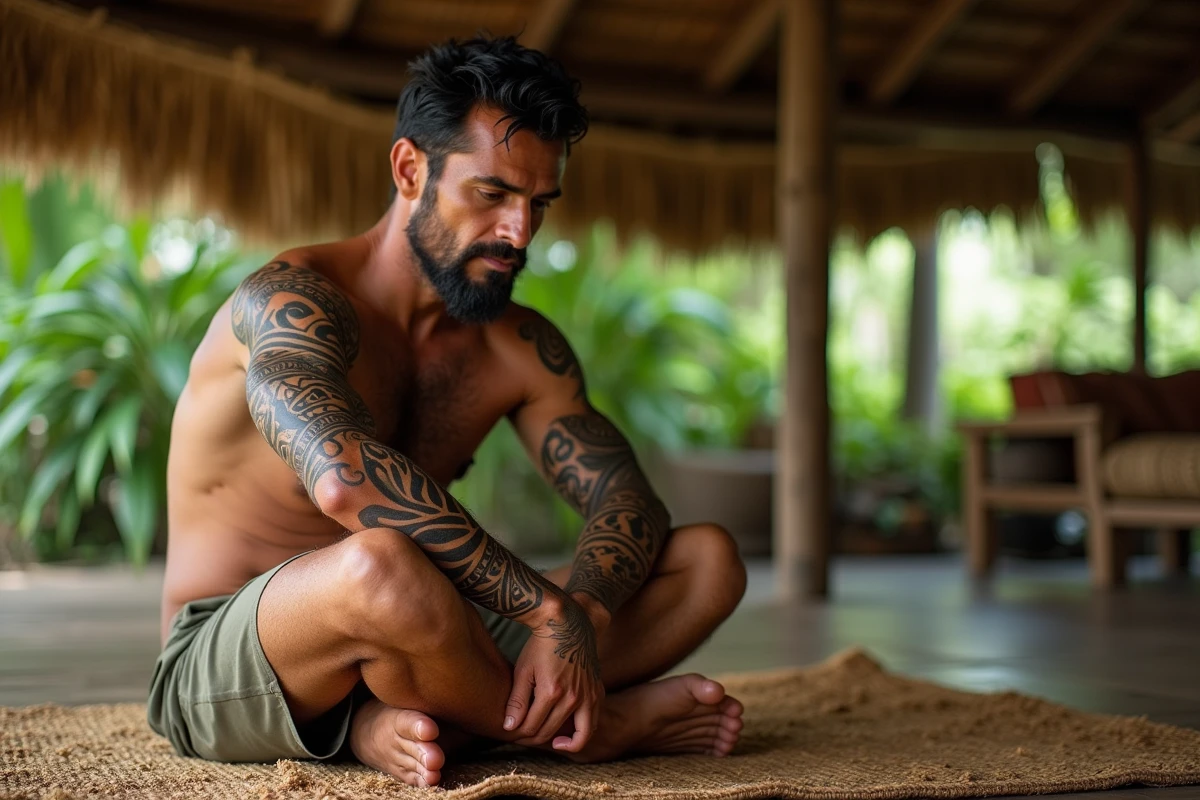Homme polynésien aux tatouages traditionnels maori sur l'épaule, assis dans un fale traditionnel entouré de végétation tropicale