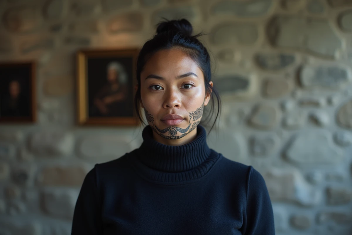 Femme maorie portant un tatouage traditionnel tā moko sur le visage, regard direct et expression fière, dans une galerie d'art contemporaine, illustrant l'identité et la signification des tatouages tribaux.